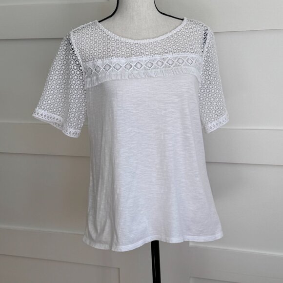 LOFT cotton T with finely crocheted yoke and sleeves - size S - Picture 3 of 7